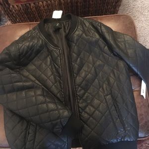 Black faux quilted leather bomber.